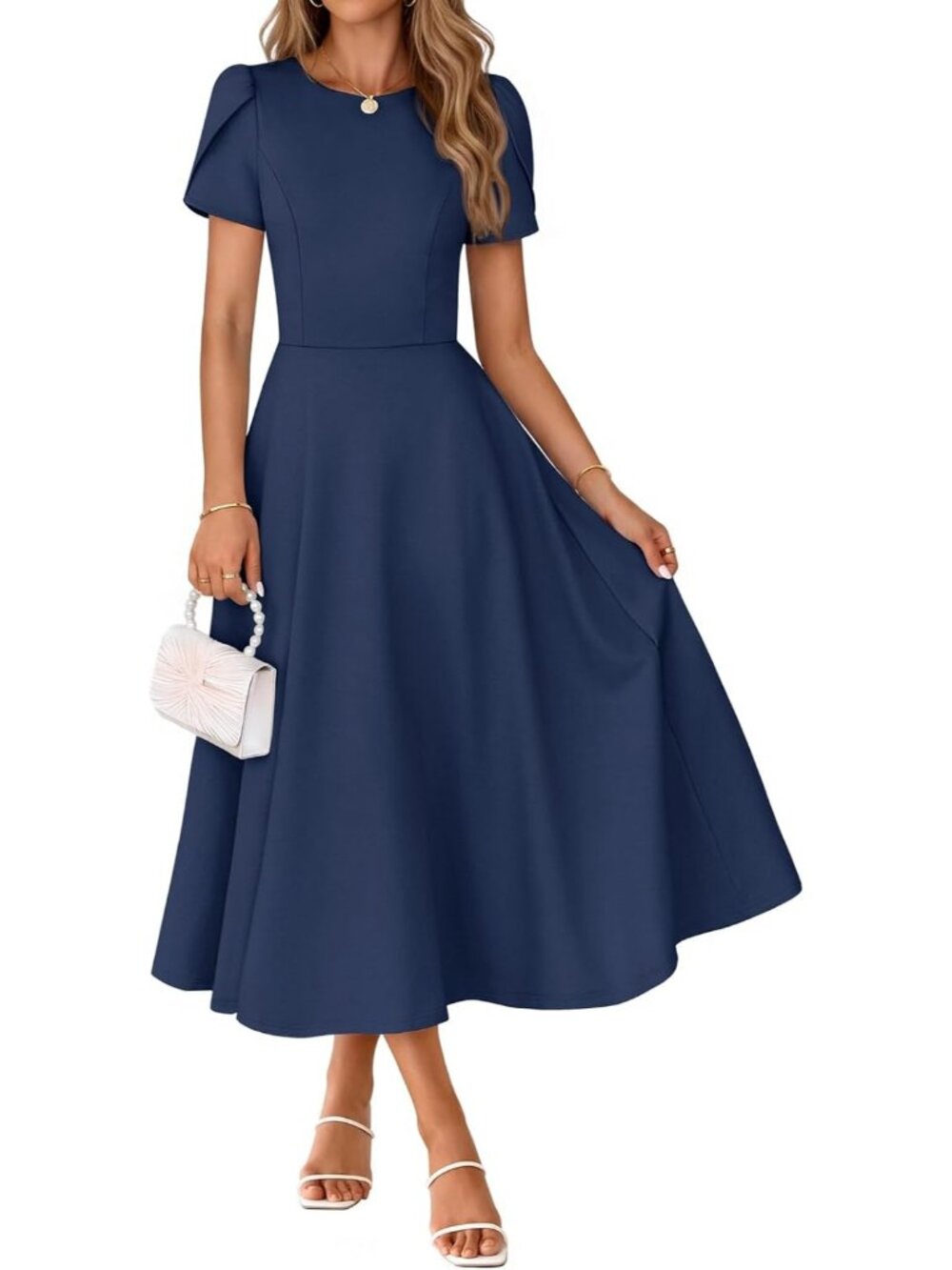 Women's Navy Short Sleeve A Line With Pockets Formal Wedding Guest Midi Dresses